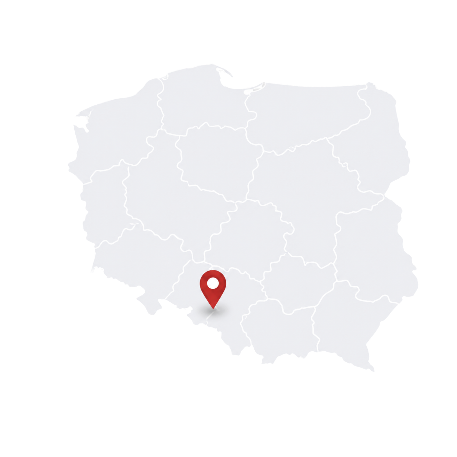 Grafika wektorowa przedstawiająca uproszczoną, jasnoszarą mapę Polski z zaznaczonymi białymi konturami województw. W południowej części kraju, na terenie województwa śląskiego, umieszczona jest klasyczna, czerwona pinezka lokalizacyjna rzucająca delikatny cień. Całość znajduje się na szaro-białej szachownicy oznaczającej przezroczystość tła (format PNG).
